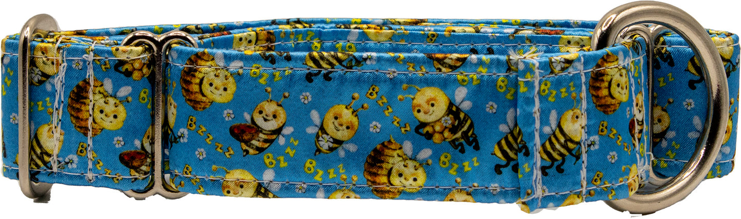 Bees on Blue Satin Martingale Collar