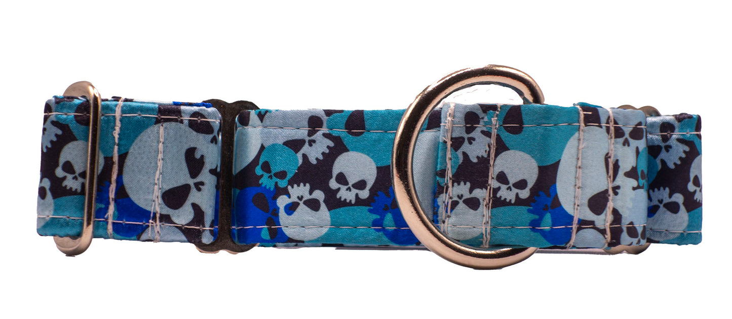 Blue Camo Skulls Satin Martingale Collar