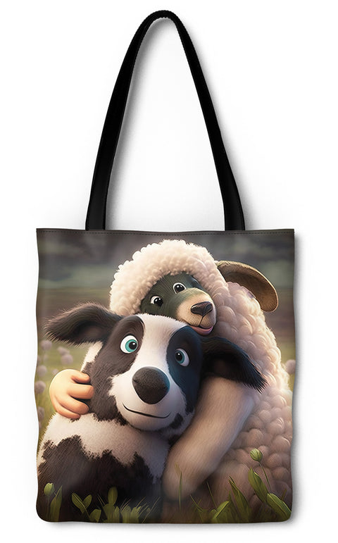 Border Collie Hugging Sheep Tote Bag