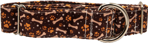 Bones and Paws On Brown Satin Martingale Collar