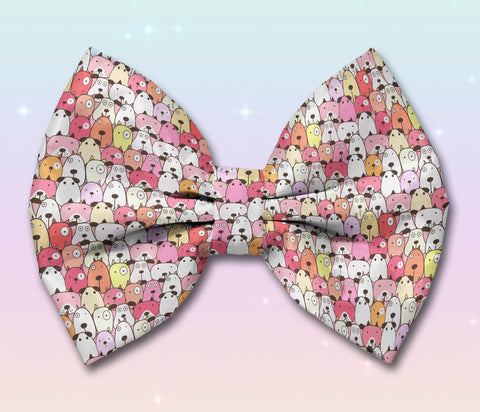 Pink Cartoon Dogs Satin Dog Bow Tie Attaches with Hook and Loop