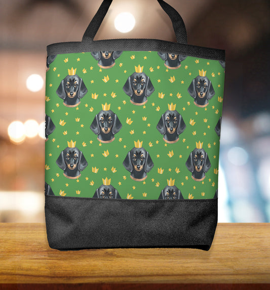 Smooth Coat Black and Tan Dachshund Wearing Crown Tote Bag With Image on Both Sides