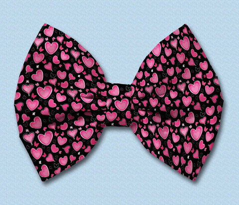 Pink Hearts On Black Satin Dog Bow Tie Attaches with Hook and Loop