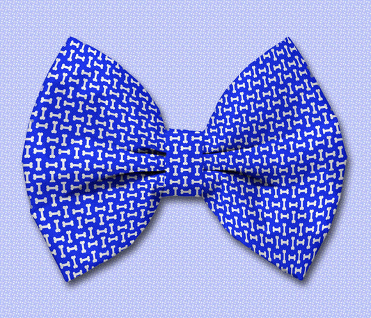 Bones on Blue Satin Dog Bow Tie Attaches with Hook and Loop